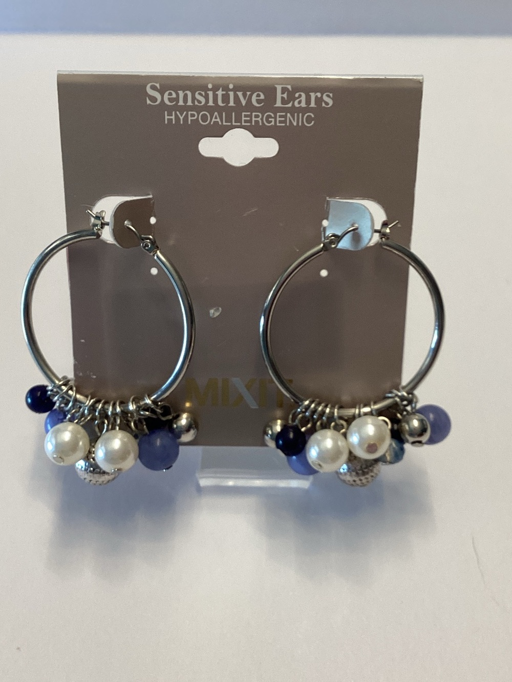 Mixit Silver Hoop Earrings with Blue and White Charms